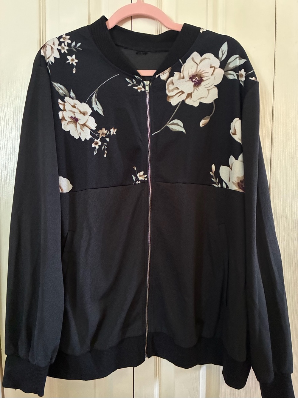 Women's Black Floral Zip Bomber Jacket